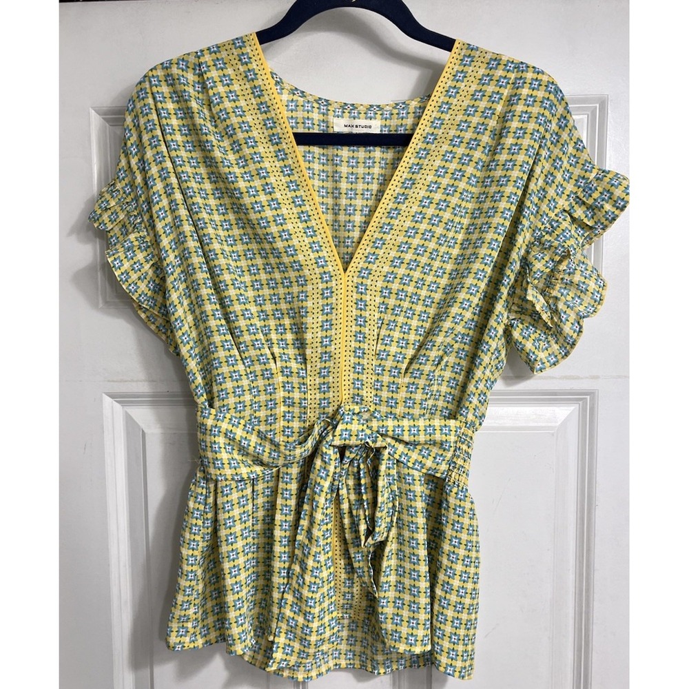 Babydoll Cottagecore Peasant Fairy Y2K Vtg Womens Top Medium Blue‎ Yellow